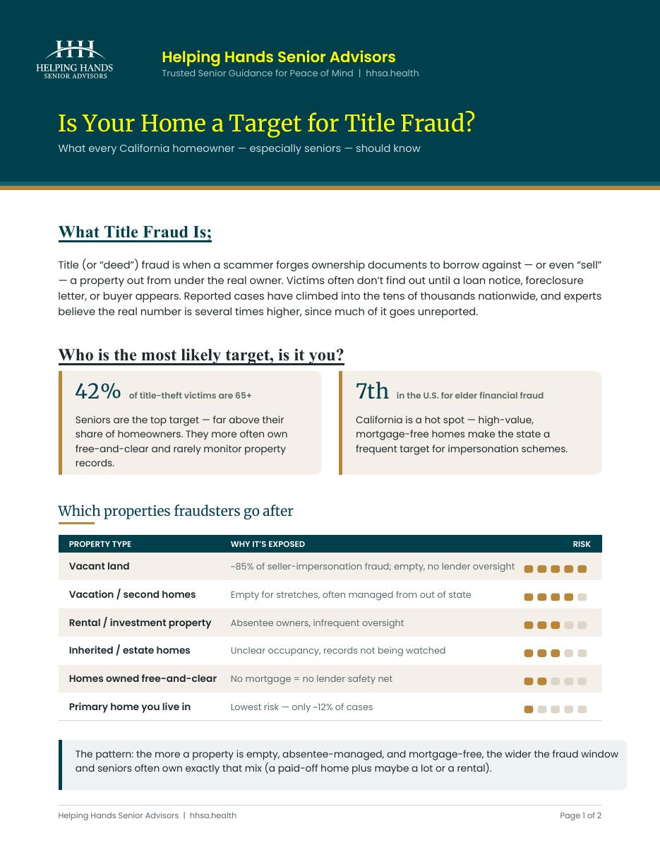 Page one of the Helping Hands Senior Advisors home title fraud handout
