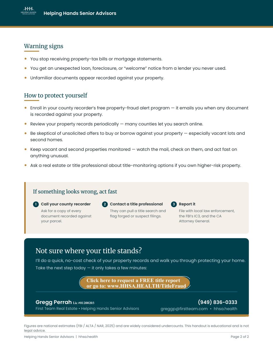 Page two of the Helping Hands Senior Advisors home title fraud handout
